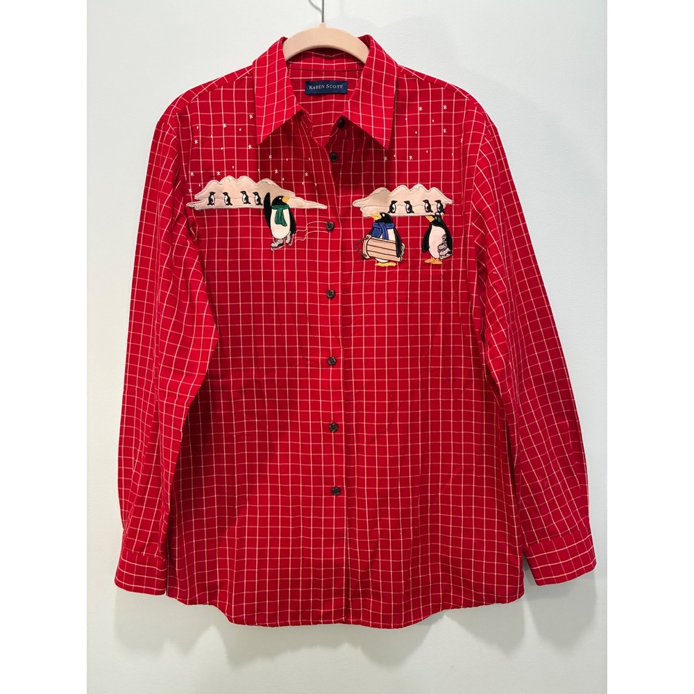 Karen Scott Red Plaid Penguin Embroidered Christmas Button Down Shirt M